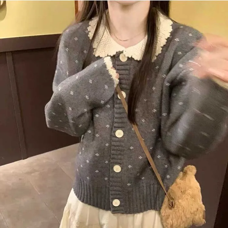 实价#绵羊绒#氛围感娃娃领毛衣开衫女冬季复古洋气外穿针织外套