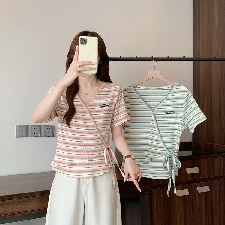 夏装新款胖mm大码女时尚设计感交叉领不规则绑带短袖T恤