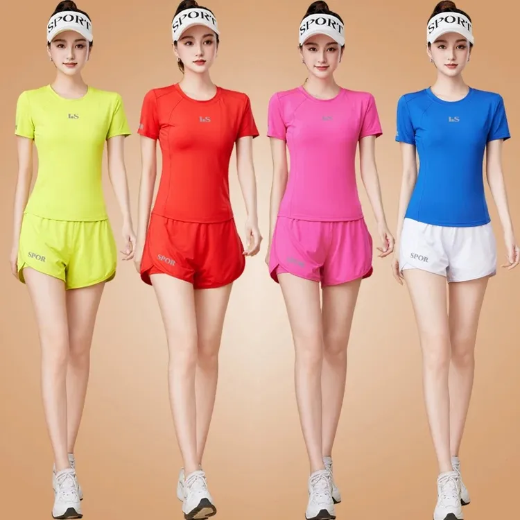 夏季健身操舞蹈运动套装速干圆领短袖三分短裤防走光凉感跳操服女