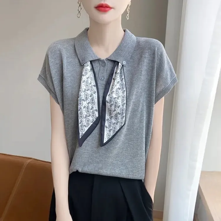 高级感POLO领丝巾小飞袖T恤女夏季薄款短袖100天丝洋气设计感上衣
