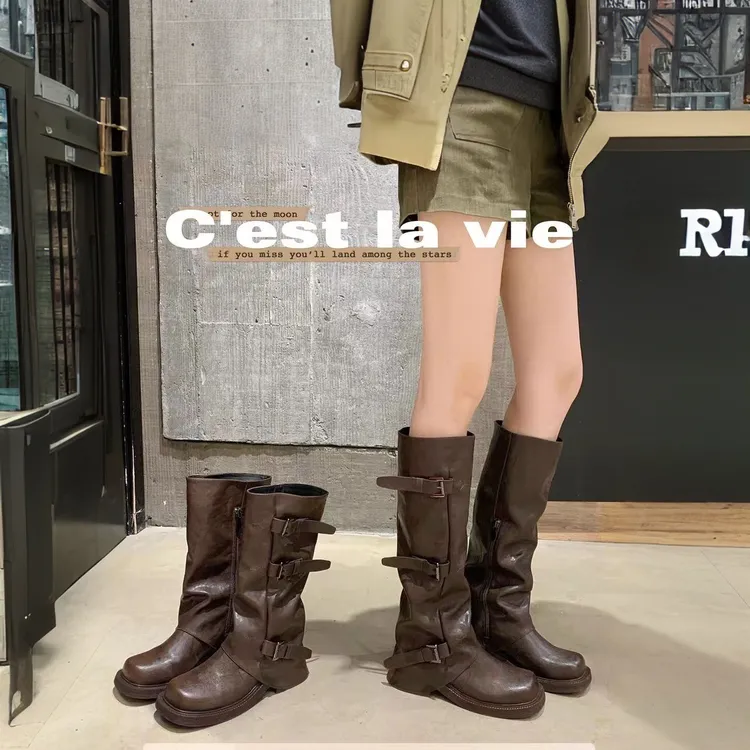 明星同款鞋内增高皮带扣堆堆靴新款复古西部明星同款鞋女款秋款