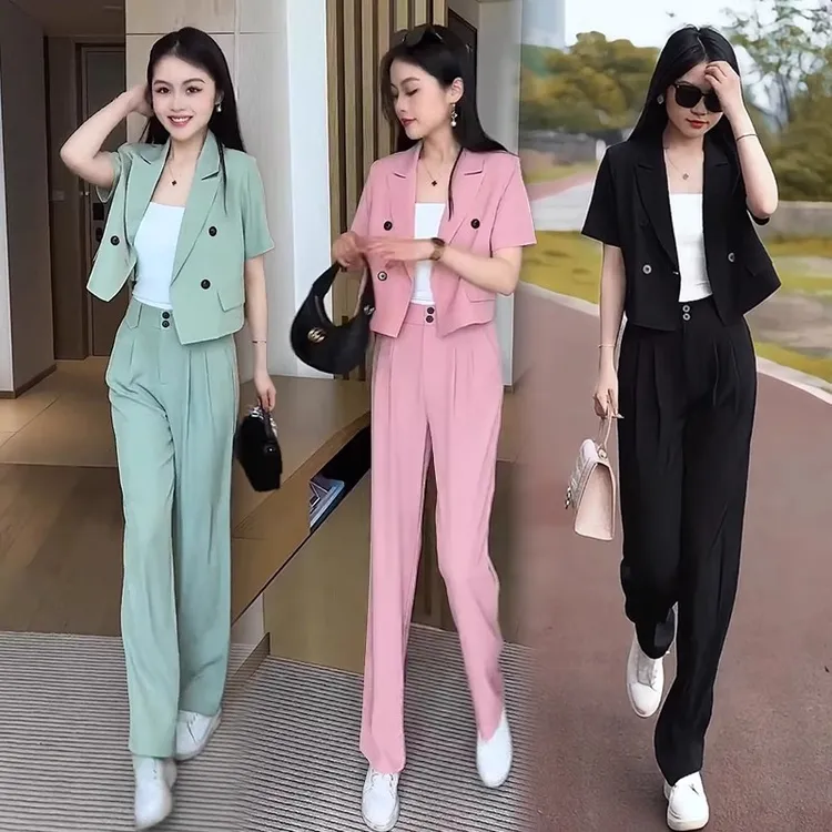 时尚套装女2025春夏新款时髦洋气减龄短袖西装外套阔腿裤两件套潮