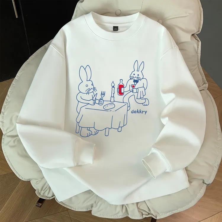 100%纯棉美式潮流个性兔子印花长袖T恤男女秋季宽松休闲情侣上衣