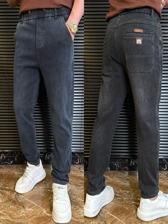 2299加绒高品质牛仔裤男士秋冬新款潮流百搭弹力松紧腰休闲牛仔裤