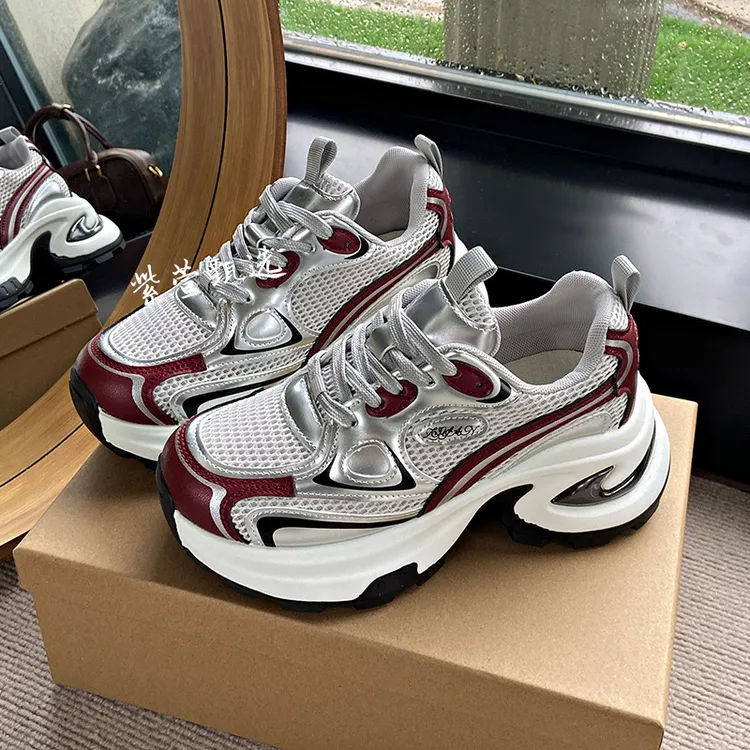 网红老爹鞋女2025春夏新款透气鞋子增高厚底银色爆款休闲运动鞋潮