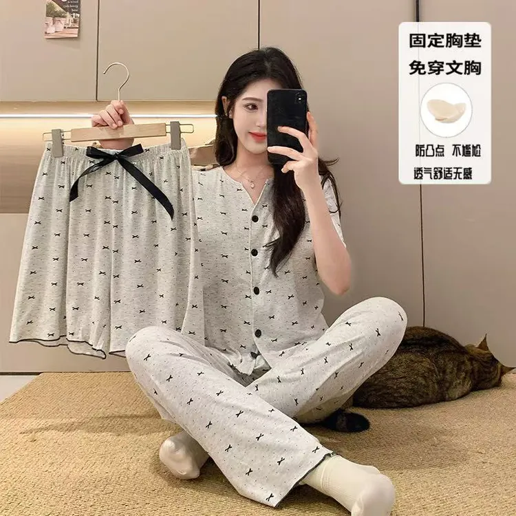 夏季新款蝴蝶结印花短袖带杯垫三件套睡衣气质柔软透气女套装2153