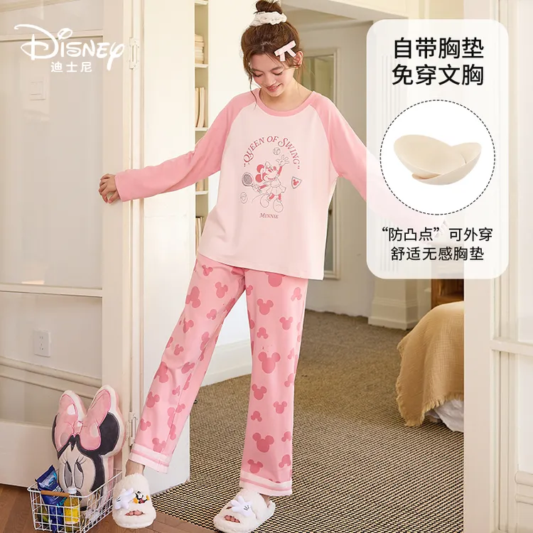 Disney/迪士尼秋冬季圆领长袖长裤睡衣女纯棉大码少女家居服0161