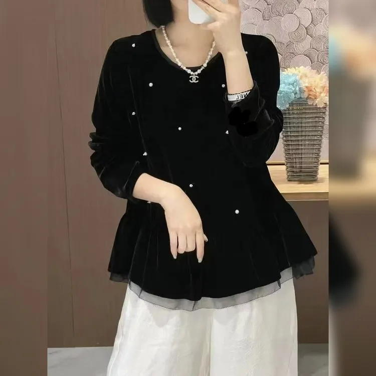欧货高端丝绒衬衫女极简风拼接钉珠衬衫显瘦时尚小香风打底衫小衫
