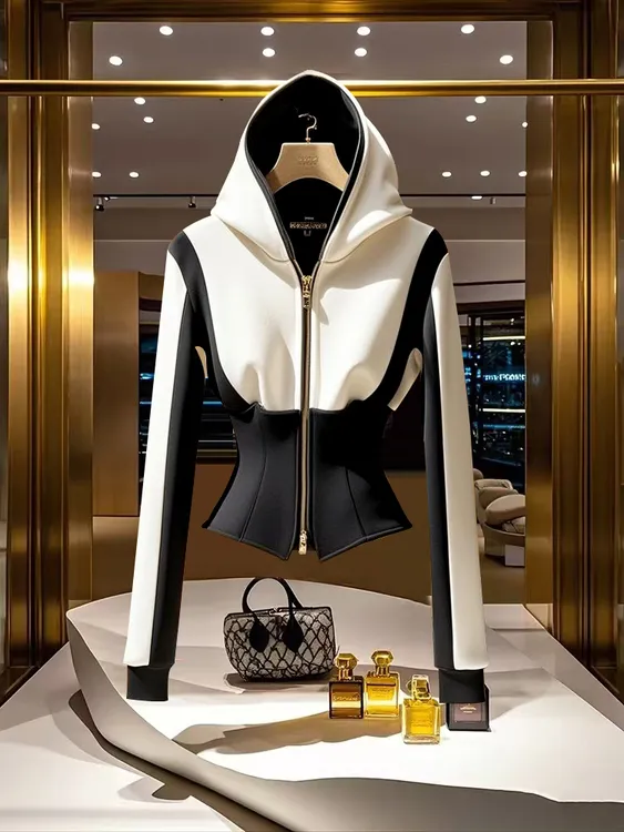 2025新款春季独特超好看气质连帽衫高级感小香风黑白撞色卫衣外套