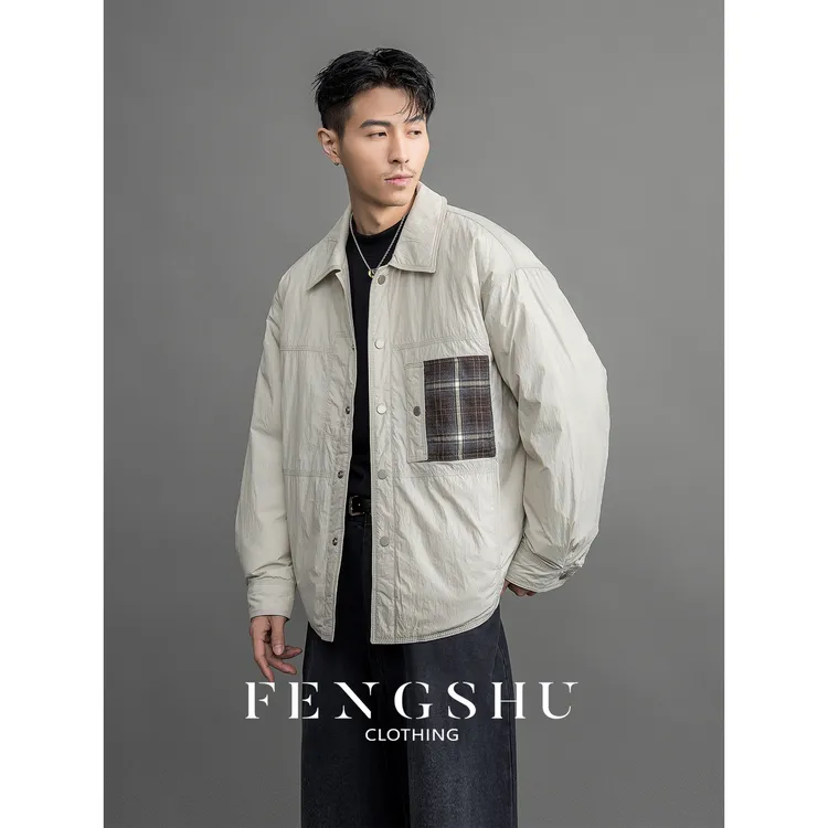 FENGSHU「拼接感 格纹撞色」90白鸭绒冬季翻领羽绒服男宽松保暖外套