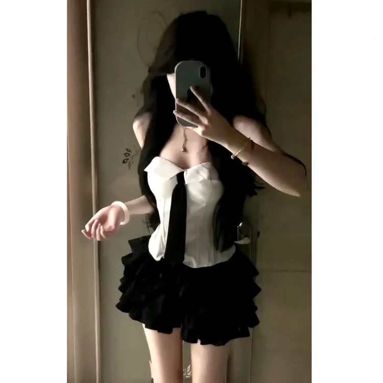 韩系时尚高级感一字肩抹胸修身显瘦领带辣妹性感上衣女配高腰裙裤