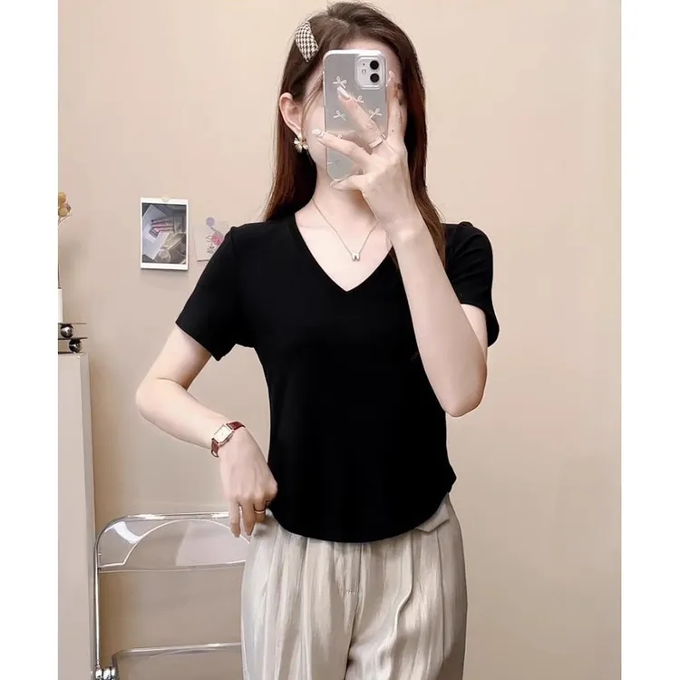 V领正肩短袖t恤女弧形下摆夏季2025新款爆款修身设计感小众上衣潮