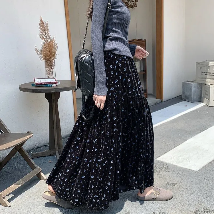 金丝绒半身裙女秋冬小个子中长款松紧腰显瘦复古褶皱a字百褶伞裙