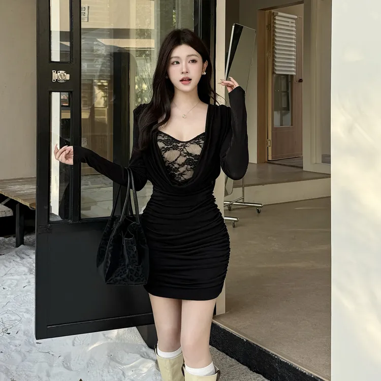 instahot 气质御姐蕾丝包臀长袖连衣裙2025新款秋冬内搭连衣裙