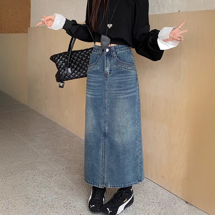 高腰开叉牛仔半身裙女2025年春秋胖mm遮肉显瘦中长款a字包臀裙子