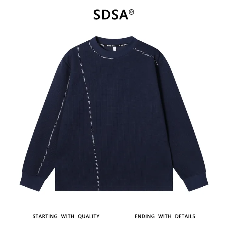 SDSA男士秋冬新款痞帅男装玉米格撞色缝线圆领长袖T恤百搭舒适潮