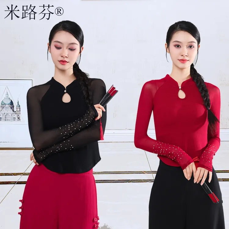 中国风跳舞纱衣古典舞服修身纱上衣长袖现代舞民族舞练功服女春夏