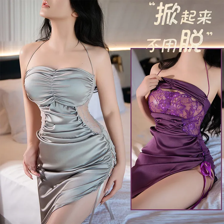 睡裙无领美背一字领抑菌法式连体性感卡通春季镂空纯欲红色战袍