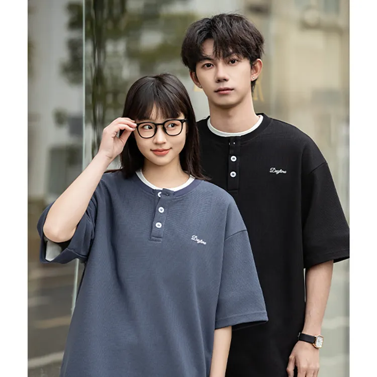 上衣亨利领华夫格短袖T恤男夏季新款重磅宽松字母情侣半袖体恤衫
