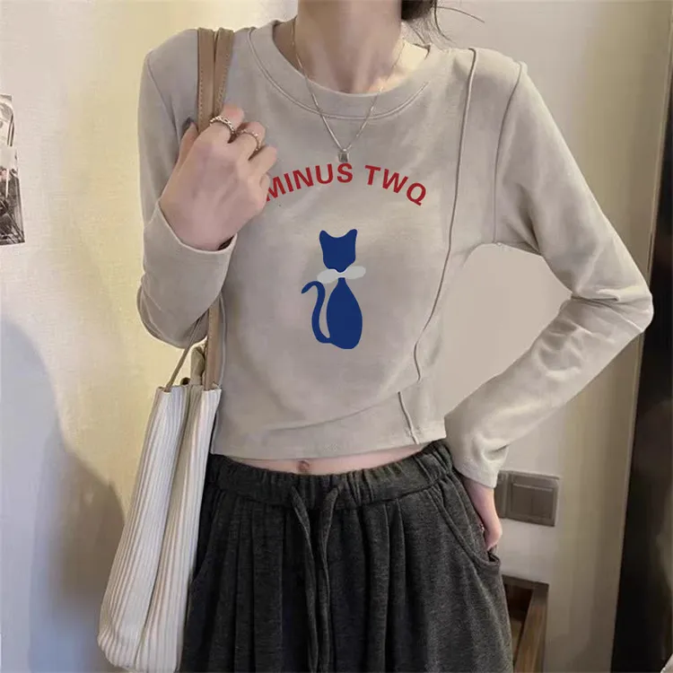 印花圆领长袖上衣常规款小众T恤女百搭修身设计感卡通正肩少女风