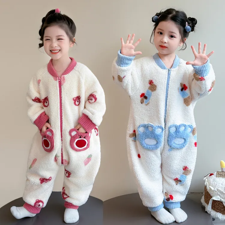 儿童连体睡袋秋冬季加厚婴儿防着凉女童法兰绒家居服冬款卡通睡衣