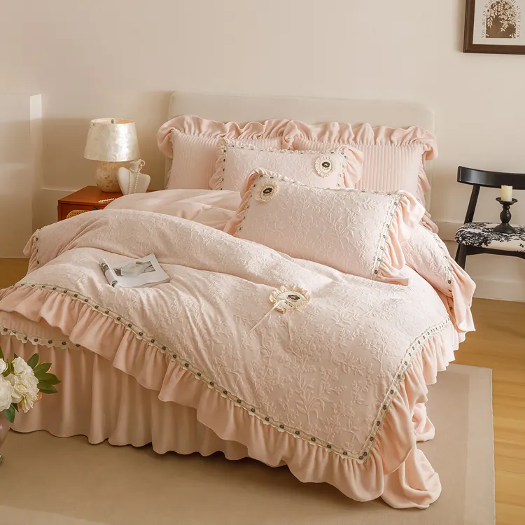 法式少女加厚牛奶绒四件套公主风双面毛绒珊瑚绒花边被套夹棉床盖