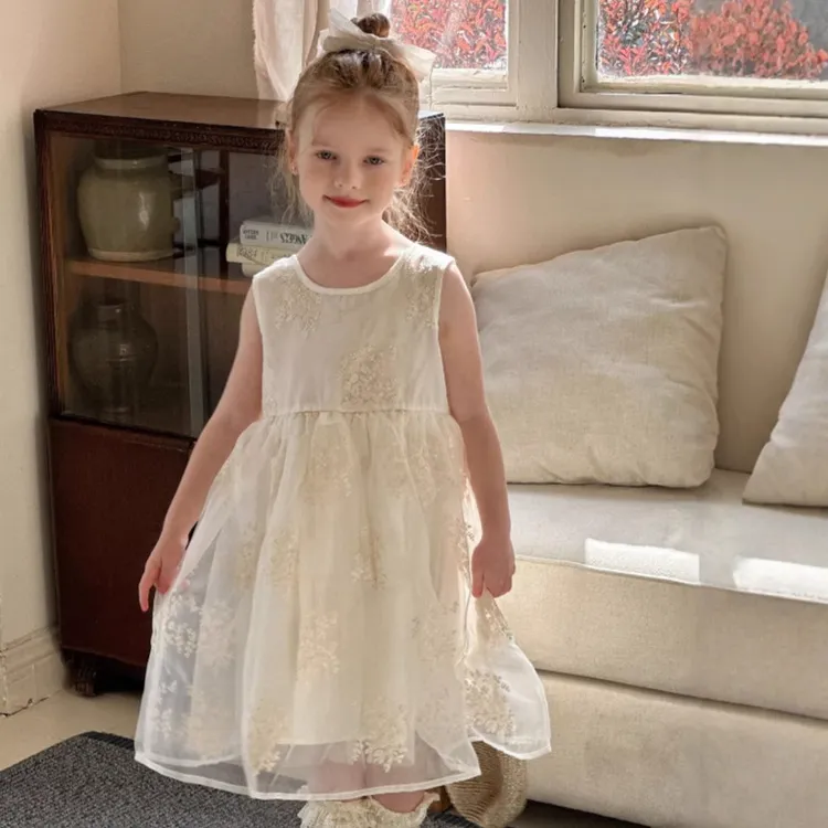 女童蕾丝连衣裙2025夏季新款儿童重工刺绣公主裙宝宝无袖网纱裙子
