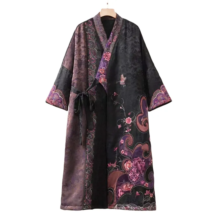 刺绣新中式提花民族风高定设计师原创斜襟交叠领系带汉风夹棉长袍