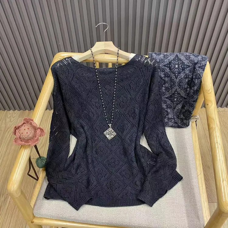 早秋圆领镂空长袖套头针织衫羊毛混纺纯色宽松百搭罩衫女Z22312