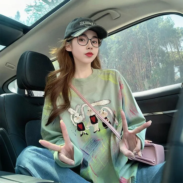 大码女装宽松涂鸦长袖t恤女洋气减龄ins潮高级感纯棉胖mm显瘦上衣