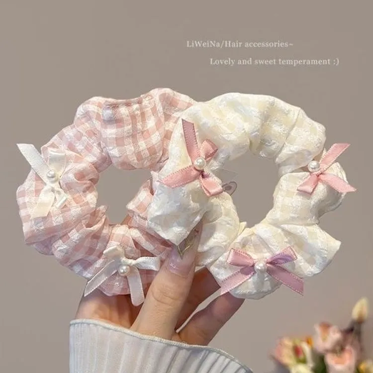 甜美粉白格子蝴蝶结大肠发圈2024年新款高颜值扎头发绳橡皮筋头饰