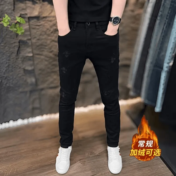 刺绣黑色男士牛仔裤保暖修身小脚爆款2025加绒秋冬潮流弹力裤子男