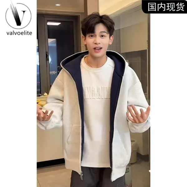 花灰色高克重磅开衫连帽卫衣男款秋季美式双拉链廓形硬挺正肩外套