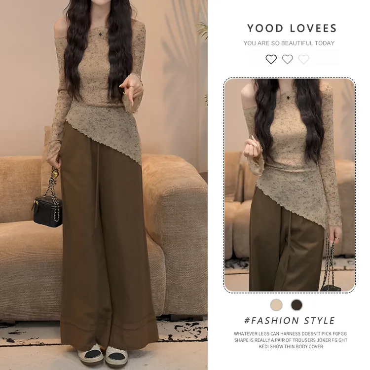 复古碎花晕染斜肩长袖针织T恤女2025薄款不规则上衣咖色长裤套装