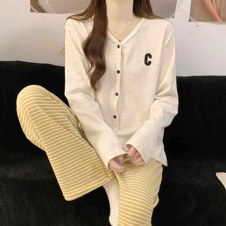 德绒睡衣女款春秋冬季宽松百搭高级感条纹薄绒开衫加厚套装家居服