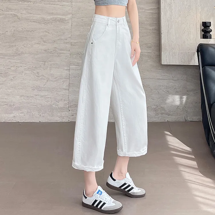 蕾丝花边牛仔裤女夏季薄款2025新款白色阔腿裤小个子高腰八分裤潮