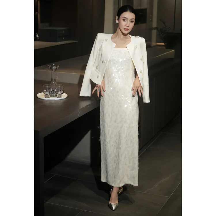 ZEROYK千金白月光小香风订花西装短外套重工亮片吊带裙通勤两件套