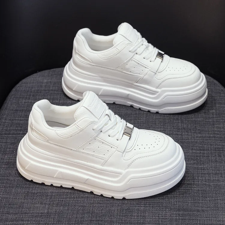 万达撤柜头层牛皮厚底小白鞋女2025春季新款爆款透气松糕运动休闲