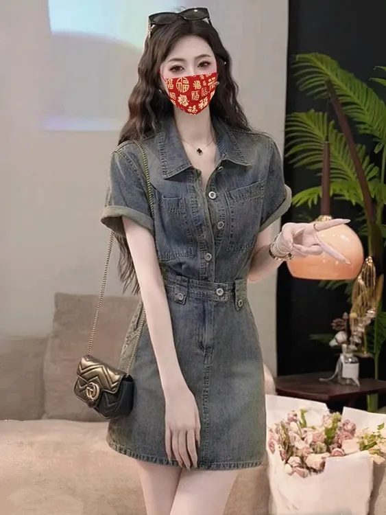 港风复古Polo领牛仔连衣裙女夏季2025新款小个子收腰显瘦a字短裙