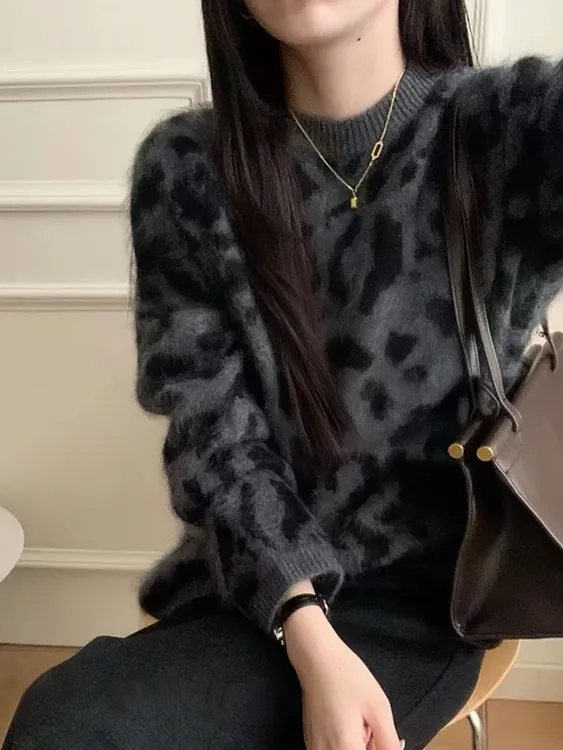【黑灰豹纹】小个子加厚慵懒风宽松长毛秋冬新款针织毛衣女