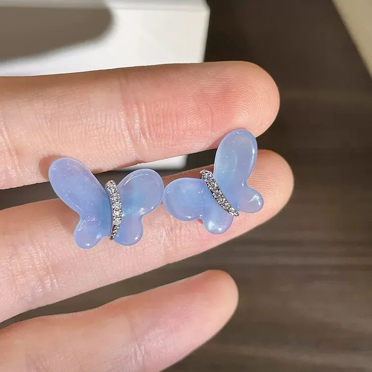 925银树脂耳饰 【蓝色蝴蝶】莫兰迪气质耳钉东大门蓝灰色耳饰156