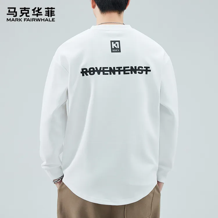 马克华菲新款圆领字母印花长袖T恤男2025新款卫衣白色内搭打底衫
