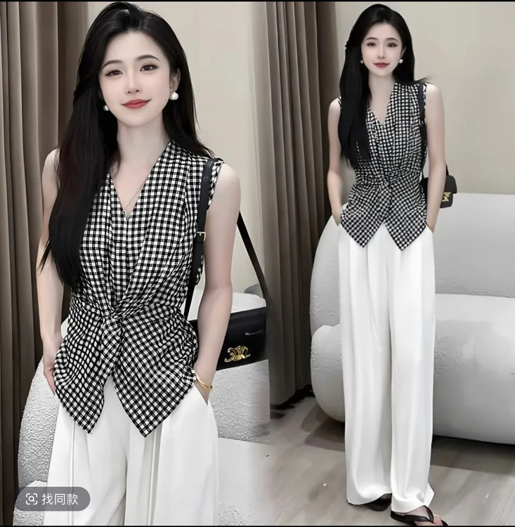 设计感扭结黑白格子背心衬衫女收腰显瘦无袖上衣洋气气质