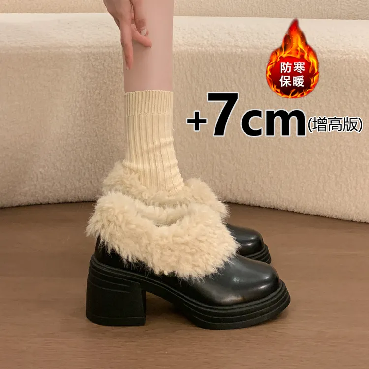 法式粗跟加绒单鞋女高跟毛毛一脚蹬2025新款冬季保暖小皮鞋玛丽珍