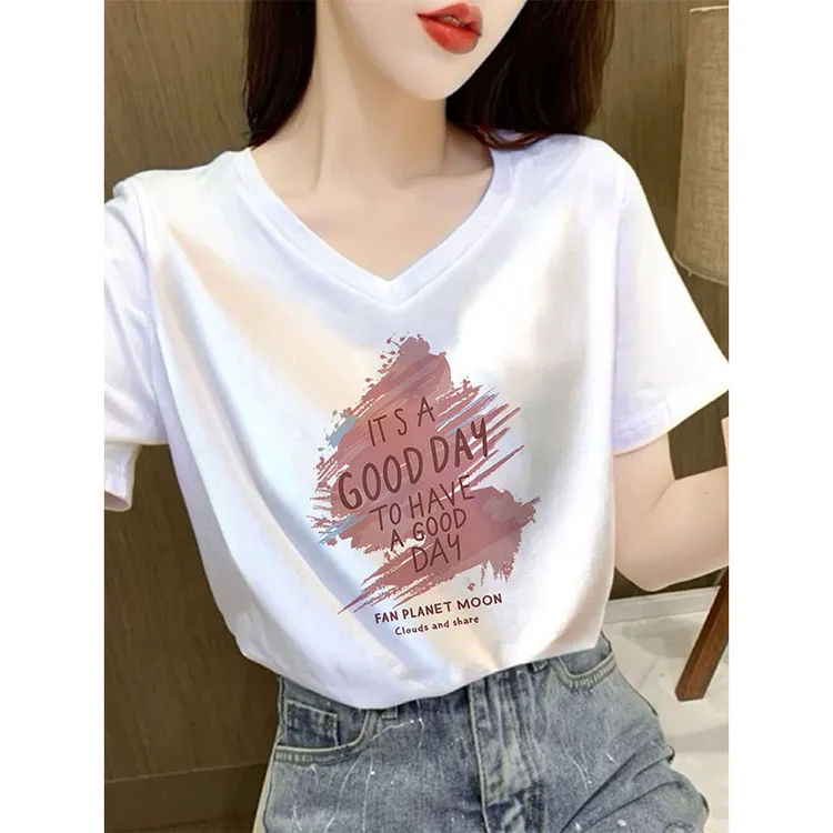 夏季V领正肩白色短袖T恤韩版时尚百搭洋气显瘦设计感女士半袖上衣