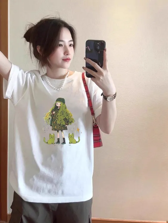 美式设计感印花短袖t恤女夏2025新款设计感小众白色正肩小众上衣