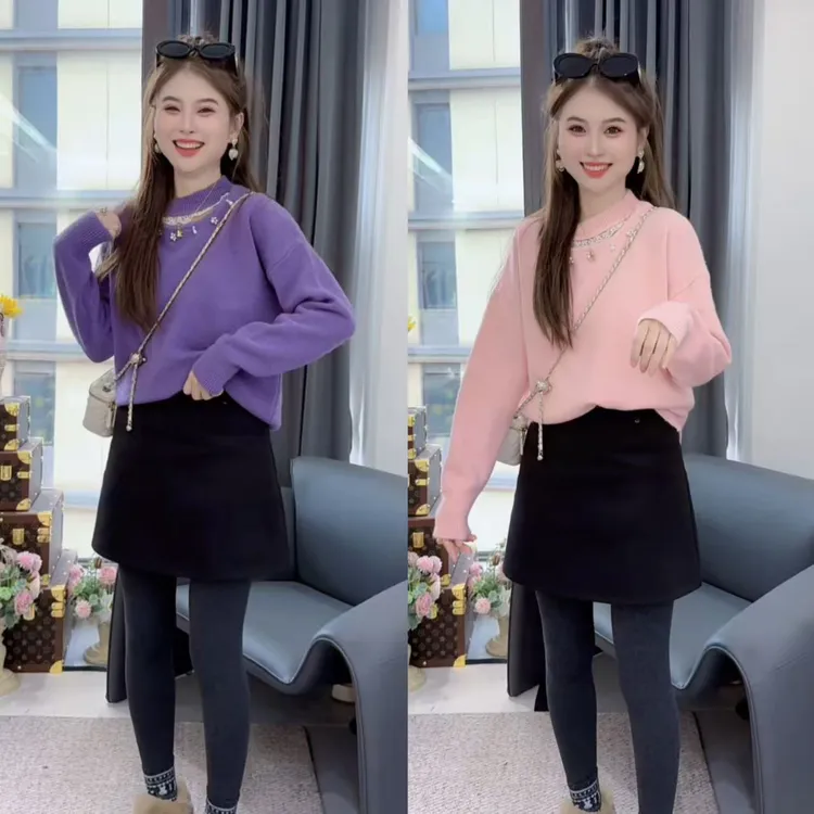 法式小香风钉珠镂空针织衫毛衣女秋冬新款时尚洋气内搭打底衫上衣