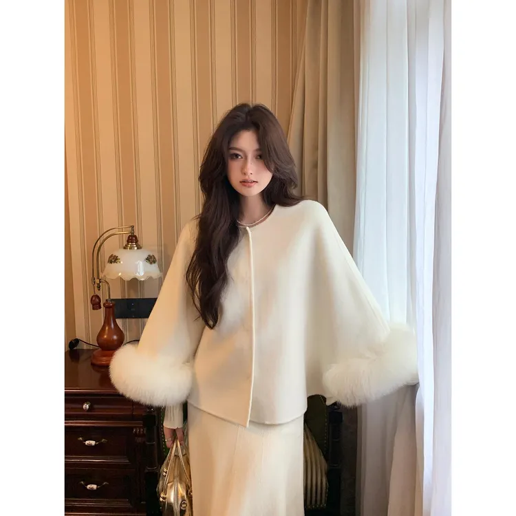 RIXO STREET秋冬新款毛领斗篷双面羊绒大衣女千金毛呢外套短