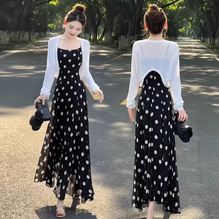 拉夏贝尔时尚连衣裙夏季新款洋气显瘦针织开衫波点吊带裙两件套裙