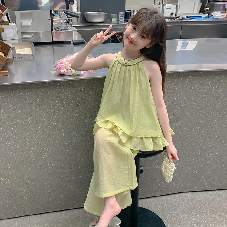 女童夏装套装2025新款洋气女孩时髦夏季薄款儿童阔腿裤休闲两件套